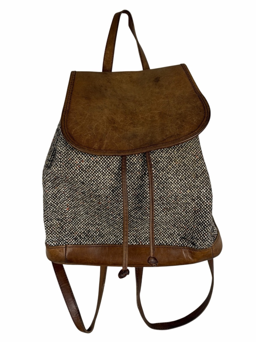 LL Bean Vintage Tweed Wool Leather Drawstring Backpack